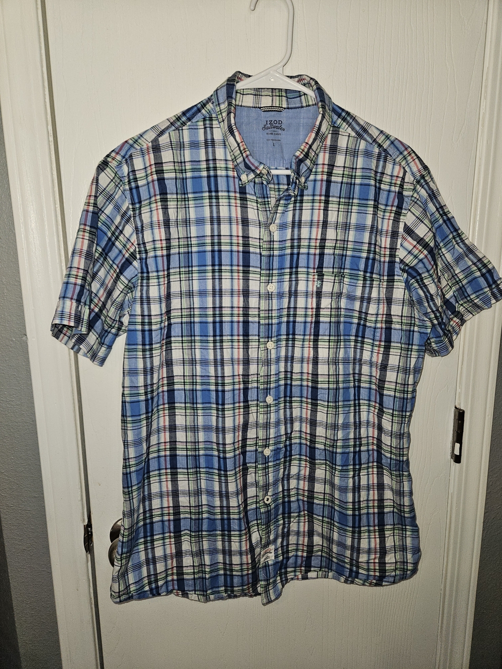 Izod Short-Sleeve Blue, White and Green Plaid Button-Down Shirt
